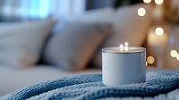 Glowing candle in white ceramic holder on cozy blue knitted blanket with soft bokeh lights creating peaceful atmosphere for relaxation and mindfulness.
