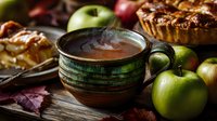 Rustic autumn still life with steaming coffee in ceramic mug, fresh green apples and homemade apple pie on wooden table with fall leaves.