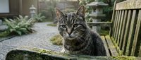 Tabby cat with green eyes sitting on moss-covered stone wall in garden courtyard with wooden fence and plants in background.