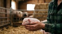 Farmer in green plaid shirt holding young piglet in hands at barn with livestock in background, agricultural animal husbandry and farming operations.