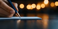 Hand holding blue pen writing on paper with warm bokeh lights in background creating atmospheric evening mood for creative writing or journaling.