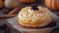 Creamy vanilla pastry with star anise decoration on rustic wooden board, surrounded by cinnamon sticks and mini pumpkins in warm autumn setting.