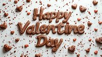 Rose gold metallic Happy Valentine Day text with scattered heart decorations on white background, romantic holiday greeting design for cards and social media.