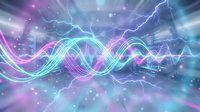Abstract energy waves with lightning bolts and glowing particles in purple blue neon colors for digital technology backgrounds and futuristic designs.