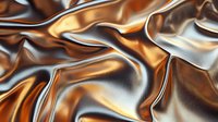 Luxurious metallic fabric with golden and silver waves creates elegant flowing texture. Smooth silky material with reflective surface forms dynamic folds and ripples.