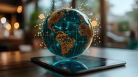 Glowing holographic globe floating over digital tablet with illuminated world map and particle effects, showcasing futuristic technology concept.