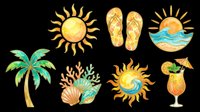 Summer clipart set with sun, palm tree, flip flops, ocean wave, coral, shell, and tropical drink, isolated on transparent background, ready for stickers and t-shirt design.