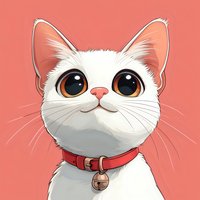 White cat with big expressive brown eyes and red collar on coral background, cartoon style artwork for children books, greeting cards and pet-related designs.