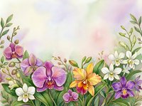Watercolor orchid garden border with purple, pink, yellow and white blooms on soft pastel background, perfect for greeting cards and invitations.
