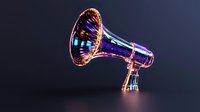 Metallic holographic megaphone with rainbow iridescent surface floating on dark background, modern design communication symbol for marketing and announcements.