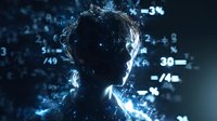 Silhouette of human figure surrounded by glowing blue digital numbers and mathematical formulas in dark space, representing artificial intelligence and data analysis.