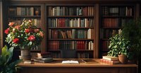Elegant home library with wooden bookshelves filled with classic volumes, desk featuring open book, potted plants and vibrant floral arrangement.