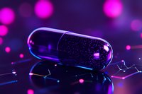 Medical capsule with sparkling contents on dark background with glowing pink bokeh lights and molecular structure, futuristic pharmaceutical concept.