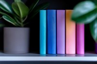 Colorful book spines arranged in rainbow gradient order on white shelf with decorative plant, creating minimalist home library atmosphere. Soft focus background.