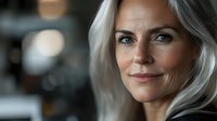 Confident mature Caucasian woman with silver gray hair and natural makeup smiling gently at camera, representing beauty, aging gracefully and wellness concept.