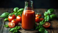 Fresh tomato juice in glass bottle with ripe cherry tomatoes and basil leaves on rustic wooden table for healthy organic cooking and nutrition.