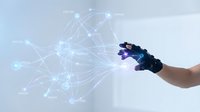 Hand wearing black gaming glove interacting with holographic network connections and digital interface elements on light background for tech presentations.
