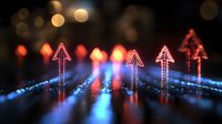 Glowing neon arrows pointing upward on digital surface with bokeh lights background, representing business growth, success and digital transformation.