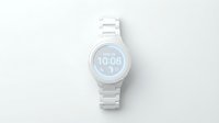 Modern smartwatch with white metal band and round digital display showing time on neutral background, isolated for product design and technology marketing.