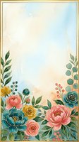 Watercolor floral frame with pink peonies, teal and gold roses, green leaves on soft pastel background with copy space.