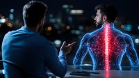 Digital hologram showing male spine pain visualization with red inflammation highlight, doctor consulting patient at night office. Medical technology concept.