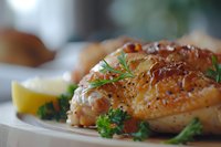 Juicy grilled salmon fillet with crispy skin, garnished with fresh herbs and lemon slice on white plate, macro food photography with selective focus.