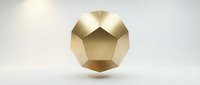 Golden metallic dodecahedron geometric shape floating on white background. Modern luxury design element for branding, logos, and premium presentations.