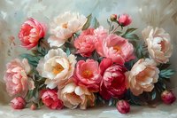 Lush arrangement of coral and blush peonies in full bloom against soft sage background, featuring delicate petals and rich botanical details in romantic style.