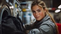 Young Caucasian woman with blonde hair in gray hoodie at laundromat loading washing machine, casual lifestyle portrait with moody evening lighting.