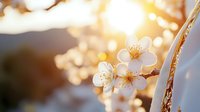 Delicate white cherry blossoms illuminated by golden sunset light, with soft bokeh background creating dreamy spring atmosphere. Branch with fresh blooming flowers.