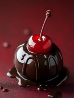 Dark chocolate dessert topped with bright red maraschino cherry and drizzled chocolate sauce on burgundy background, macro food photography with selective focus.