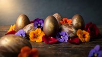 Golden Easter eggs nestled among vibrant edible flowers on rustic wooden surface with warm sunlight creating magical holiday atmosphere for spring celebration.