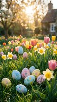 Colorful Easter eggs nestled among blooming tulips and daffodils in sunny spring garden with warm golden light filtering through trees creating festive holiday scene.