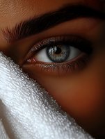 Close-up of an expressive blue eye with long eyelashes and defined eyebrow, partially covered by white fabric, creating mysterious and artistic portrait composition.