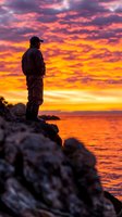 Man standing on rocky coastline watching dramatic sunset over ocean with vibrant orange and purple sky, suitable for travel, lifestyle, and inspirational content.