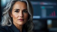 Professional mature Caucasian businesswoman with silver hair in modern office environment with financial data displays and technology screens in background.