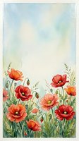 Watercolor red poppies meadow with soft blue sky background, copy space for text, greeting card or poster design.
