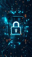 Glowing neon padlock on digital circuit board background with blue and orange light effects, perfect for cybersecurity, data protection and digital privacy concepts in modern tech design.