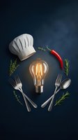 Creative culinary concept with chef hat, glowing lightbulb, silverware and fresh herbs arranged on dark background for restaurant branding and cooking inspiration.