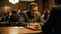 Middle-aged Caucasian man in gray suit playing chess in elegant club setting with warm lighting and blurred people in background.