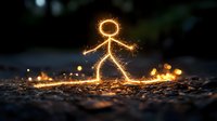 Glowing stick figure made with light painting photography technique against dark background with sparks and bokeh effects on ground surface at night.