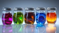 Colorful liquid in glass jars with metallic lids creating magical potion effect, vibrant glowing substances with reflections on glossy surface showing rainbow spectrum.
