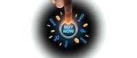 Finger pressing a glowing blue Buy Now button surrounded by gold coins and neon icons, symbolizing online shopping and e-commerce.