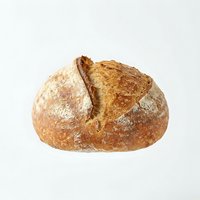 Artisan sourdough bread loaf with crusty golden-brown exterior and flour dusting, isolated on white background for bakery, food, and culinary design use.