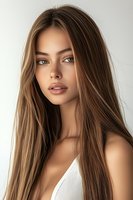 Young woman with long straight brown hair and natural makeup wearing white top against light background, beauty portrait in soft lighting.