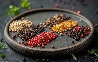 Assorted colorful peppercorns and spices on rustic ceramic plate against dark background, culinary ingredient for gourmet cooking.