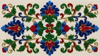 Ornate floral embroidery pattern with blue red green decorative elements on cream background. Traditional folk art design for textile crafts home decor projects.