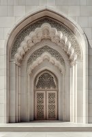 Ornate Islamic architecture featuring multiple pointed arches with intricate geometric patterns and carved details in white marble, leading to decorative wooden doors.