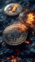 Glowing cryptocurrency coins on dark background with dramatic lighting and fire effects, symbolizing digital currency market volatility and trading concept.