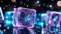 Glowing neon ice cube with purple and blue light effects on wet dark surface against blurred bokeh background, magical frozen crystal concept.